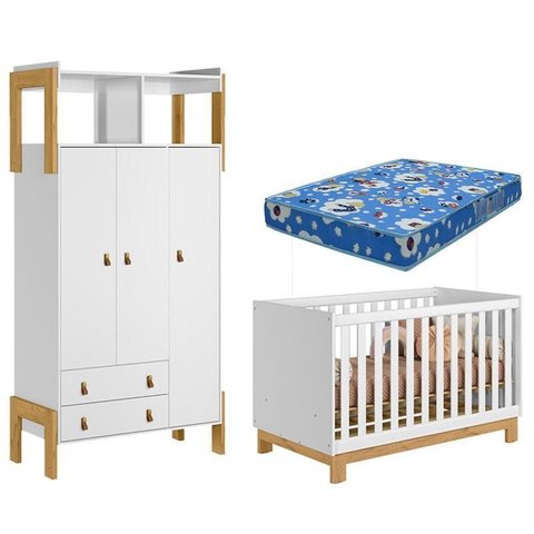 Berço Americano Mini Cama Q Encanto Slim e Guarda Roupa Fantasia Branco Acetinado com Colchão