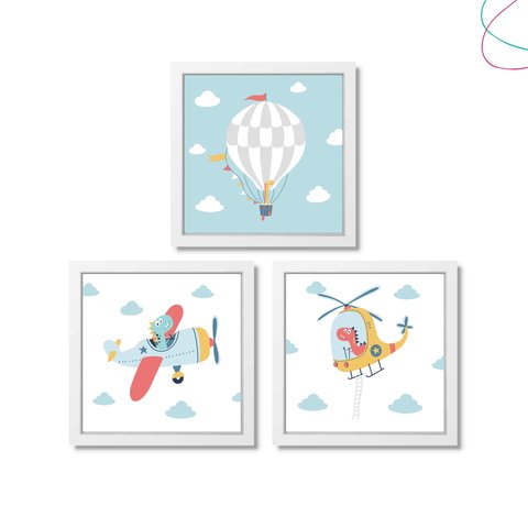3 Quadrinhos Decorativos Infantil Dinossauro Avião Balão: Branca