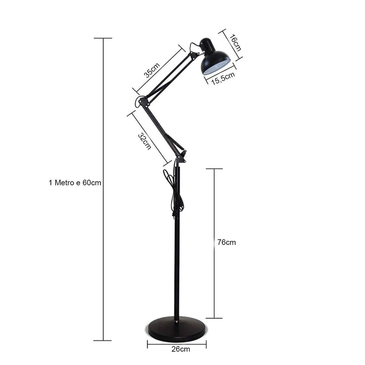 Luminaria Abajur Chao Articulada Pedestal Metal E27 Flexivel Sala Estar Quarto Mesa Leitura Trabalho - 2