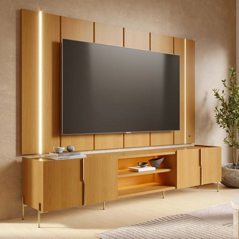 Rack para Sala com Painel para TV 75 pol com LED 243cm Novare C04 Naturale - Lyam Decor