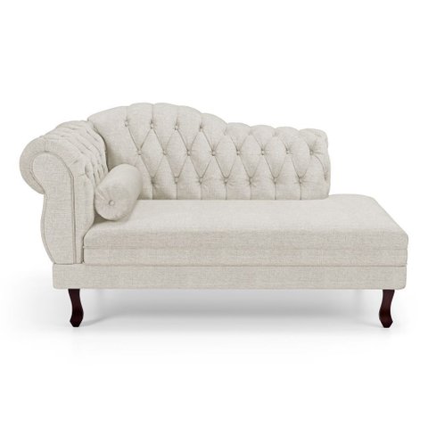 Divã Recamier Lavínia Clássico 120cm Capitonê com Pés de Madeira Linho Bege - Desk Design