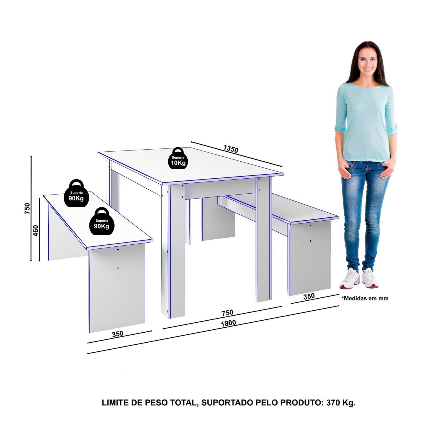 Conjunto Sala de Jantar 1 Mesa 135cm 2 Bancos Primor - 3