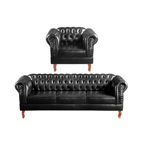 Conjunto Sofá Chesterfield 3 Lugares + 1 Poltrona Dom Pedro Preto