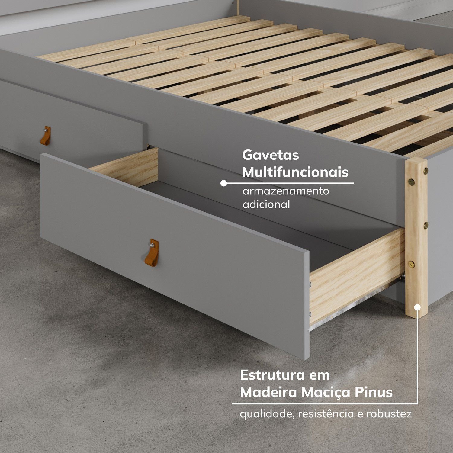 Cama Casal 4 Gavetas Íris CabeCasa MadeiraOriginals Cinza/Marrom