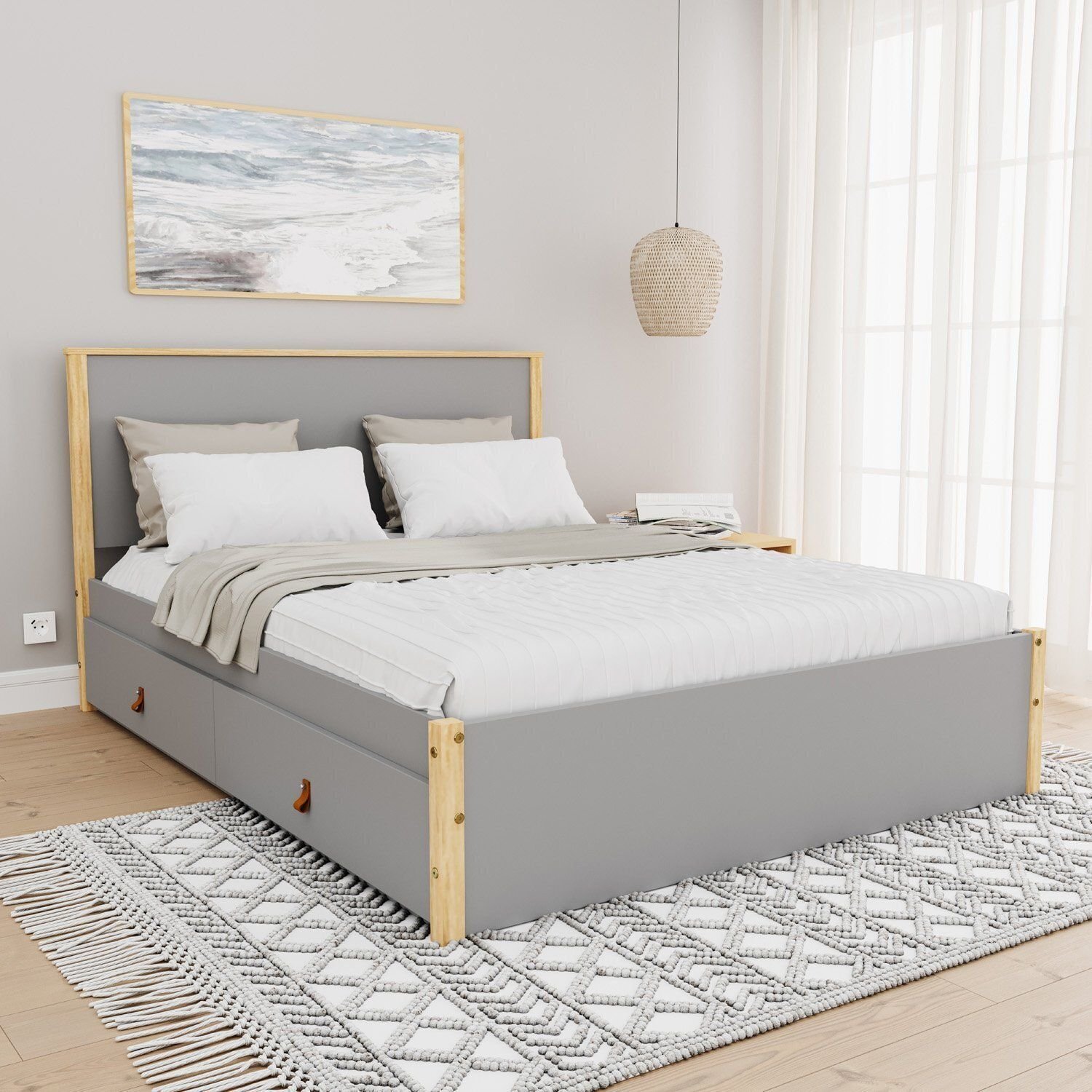 Cama Casal 4 Gavetas Íris CabeCasa MadeiraOriginals Cinza/Marrom