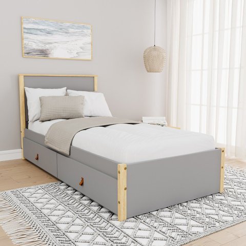 Cama Solteiro 2 Gavetas Íris CabeCasa MadeiraOriginals Cinza/Marrom