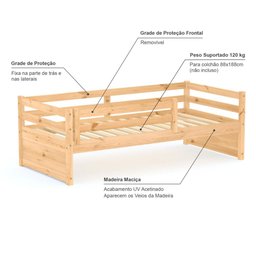 Cama Solteiro Dreams com Grade de Proteção Madeira Maciça Mel Megamobilia - 3 Cama Solteiro Dreams com Grade de Proteção Madeira Maciça Mel Megamobilia - 3