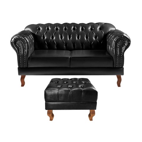 Sofá 2 Lugares com Puff Decoração Sara Recepção Dom Pedro Chesterfield Preto