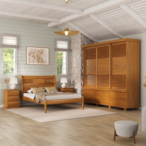 Conjunto Dormitório Guarda-Roupa, Cama Queen Veneziana e 2 Mesas de Cabeceira Dubai Marrom/Mogno Mel