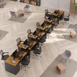 Estação de Trabalho 12 Lugares Office Smart 12 Mesas 10 Armários 2 Aparador - Preto e Cedro
