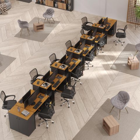 Estação de Trabalho 12 Lugares Office Smart 12 Mesas 10 Armários 2 Aparador - Preto e Cedro