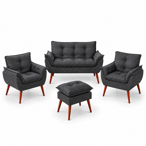 Kit Decorativo Namoradeira + 2 Poltronas + 1 Puff Estofado Cinza