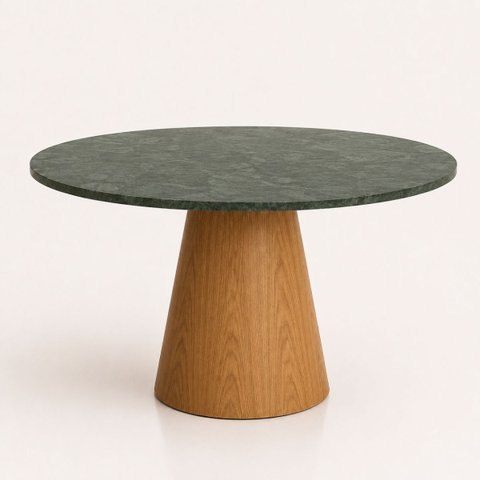 Mesa de Jantar Cone Redondo 130 cm Tampo Mármore Verde Guatemala Base Freijó