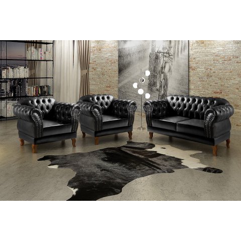 Conjunto Sofá Chesterfield Lugares 2 Poltronas Dom Pedro Preto