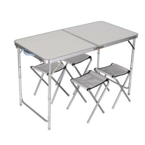 Conjunto Mesa e 4 Cadeiras Dobráveis Maleta Alumínio MDF Furo para Ombrelone Branco