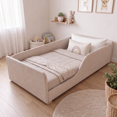 Cama Infantil Estofada Tecido Boucle Creme Tamanho Solteiro Conforto