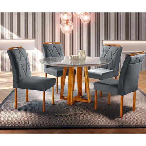 Conjunto Sala De Jantar Natalle 4 Lugares Com Mesa Redonda E Tampo Em Vidro 1,2m E 4 Cadeiras Mó