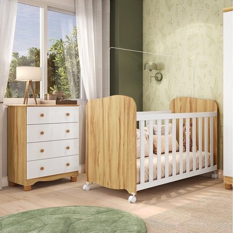 Quarto de Bebê Berço e Cômoda 4 Gavetas 100% MDF Mimo Espresso Móveis Branco Brilho/Amêndoa