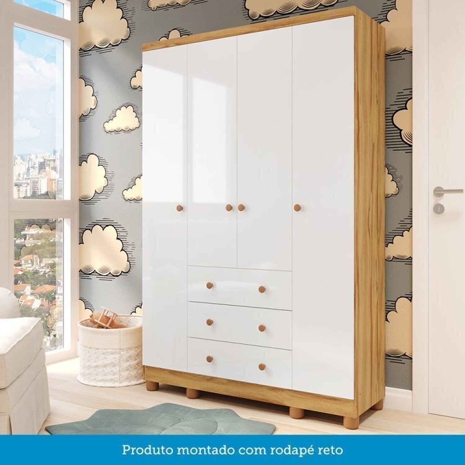 Quarto de Bebê com Guarda Roupas 4 Portas Cômoda e Berço com Rodizio Mimo 100% Mdf Espresso Móveis - 6