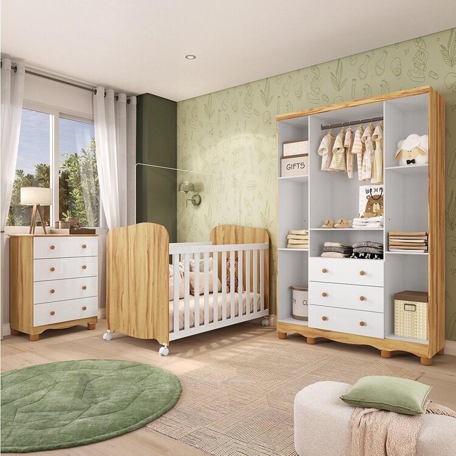 Quarto de Bebê com Guarda Roupas 4 Portas Cômoda e Berço com Rodizio Mimo 100% Mdf Espresso Móveis - 2