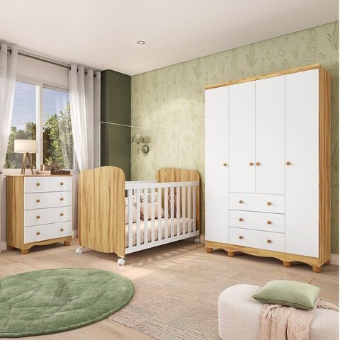 Quarto de Bebê Berço Americano Guarda-Roupa e Cômoda MDF Mimo Espresso Móveis Branco Brilho/Amêndoa