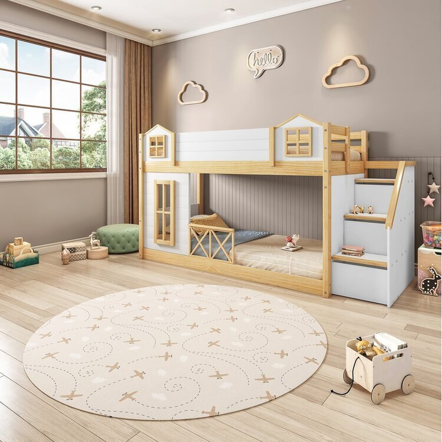  Beliche Infantil Montessoriano Garden com Escada Lateral e Proteção Casinha Janela, Grade X com LED Casatema