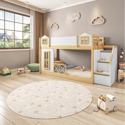  Beliche Infantil Montessoriano Garden com Escada Lateral e Proteção Casinha Janela, Grade X com LED Casatema - 1