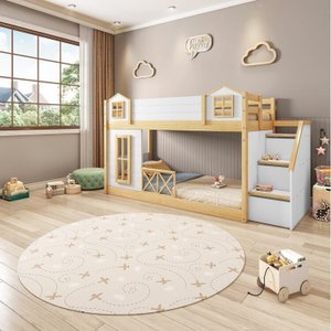  Beliche Infantil Montessoriano Garden com Escada Lateral e Proteção Casinha Janela, Grade X com LED Casatema