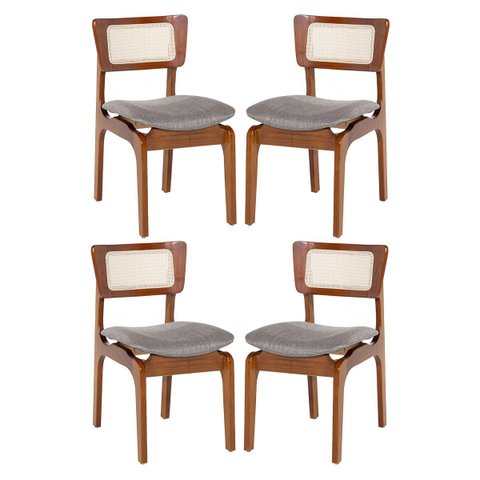 Kit 4 Cadeiras de Jantar Portugal em Madeira Imbuia Tela Rattan Linho Cinza L55