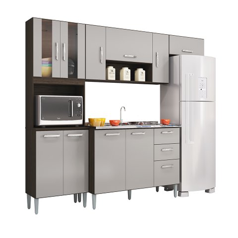 Cozinha Íris Compacta Completa + Balcão p/ pia Sem Tampo Chocolate/ Off White