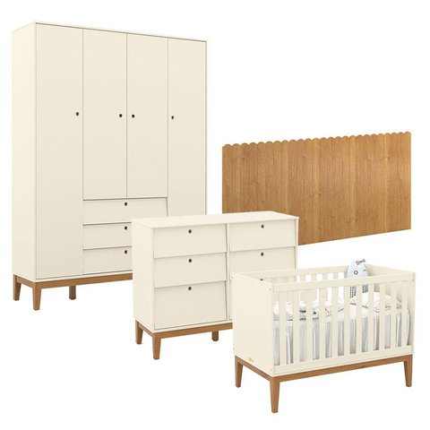 Quarto de Bebê Unique 4 Portas com Cômoda 6 Gavetas e Painel Farm Off White Eco Wood - Matic