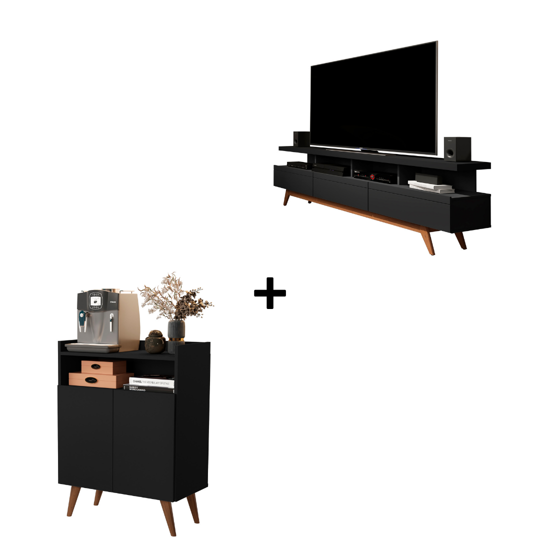 Combo Rack para Sala Vivare Wood 1.8 e Buffet Wind 2 Portas:Black ...