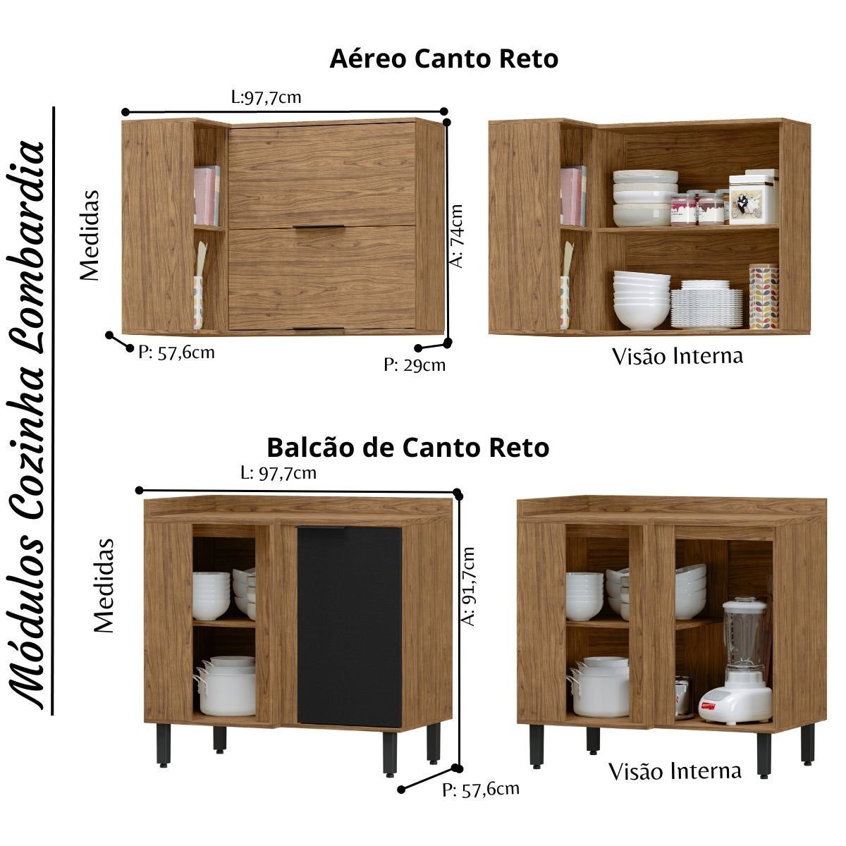 Cozinha Modulada Completa de Canto MDF 7 Peças Lombardia com Portas de Vidro - cor Freijó Nero - 4