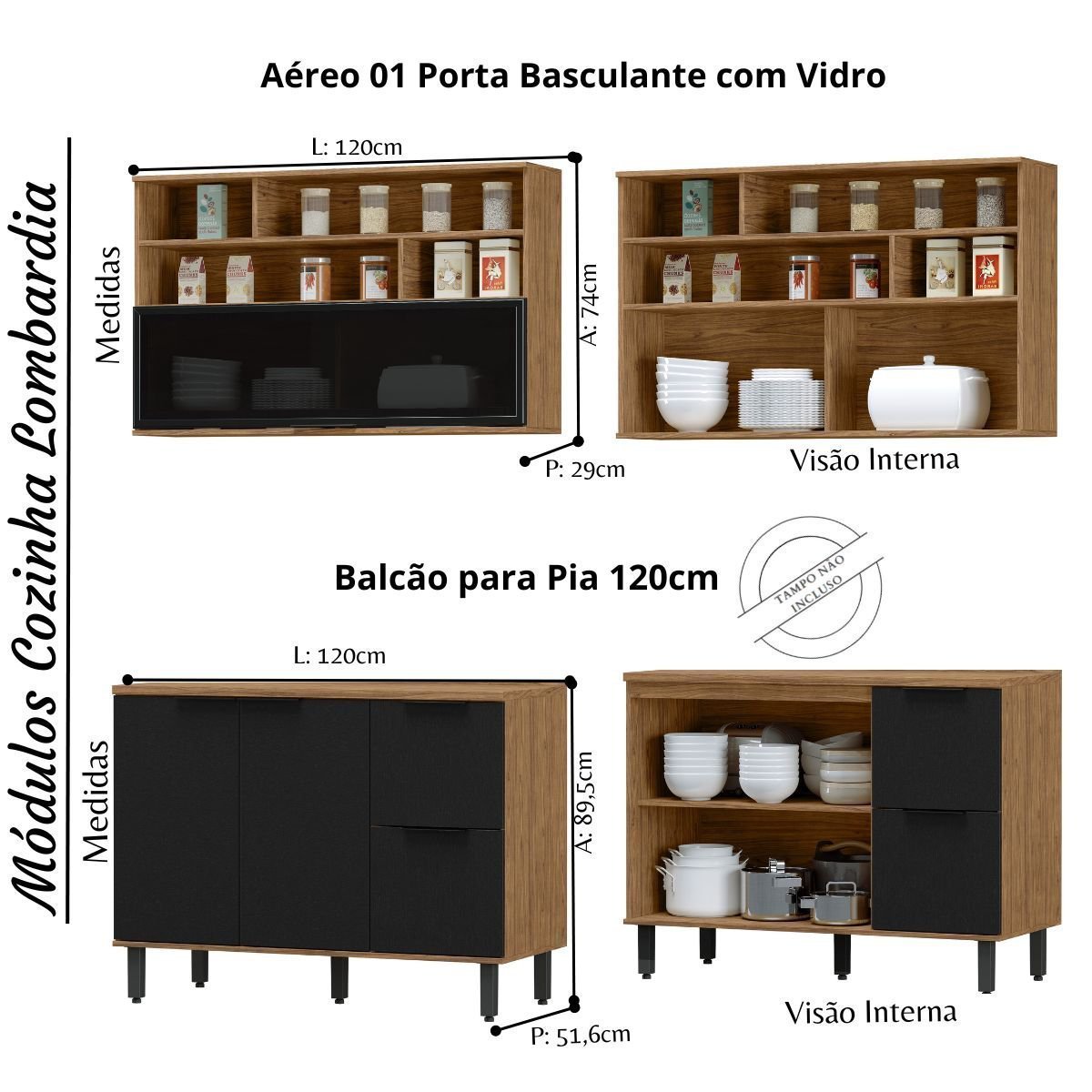 Cozinha Modulada Completa de Canto MDF 7 Peças Lombardia com Portas de Vidro - cor Freijó Nero - 2