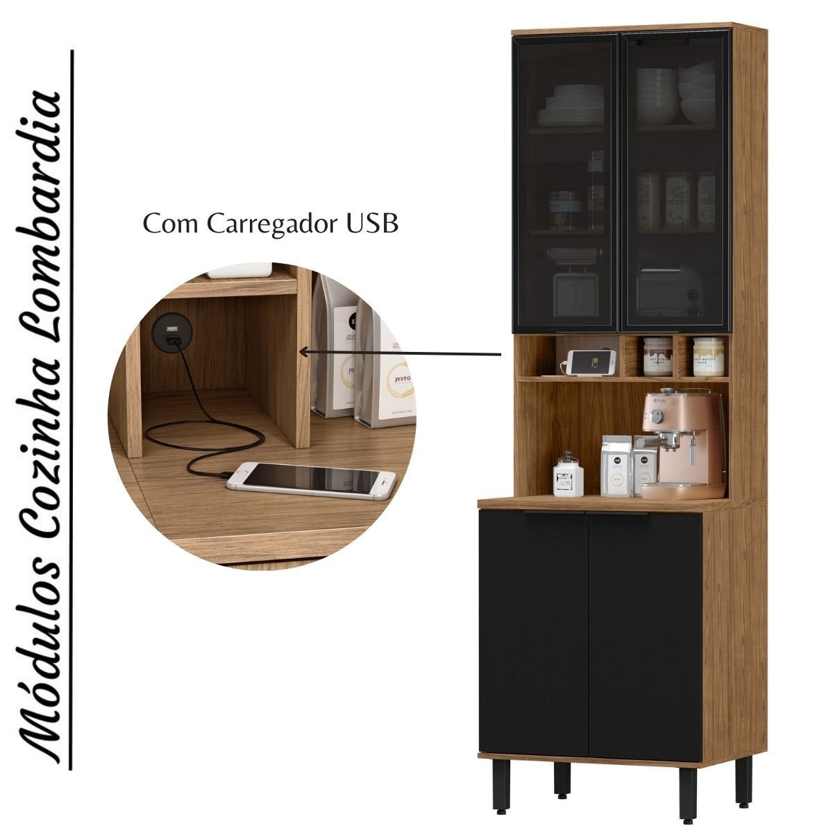 Cozinha Modulada Completa de Canto MDF 7 Peças Lombardia com Portas de Vidro - cor Freijó Nero - 8