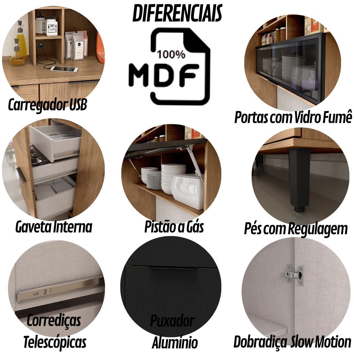 Cozinha Modulada Completa de Canto MDF 7 Peças Lombardia com Portas de Vidro - cor Freijó Nero - 6