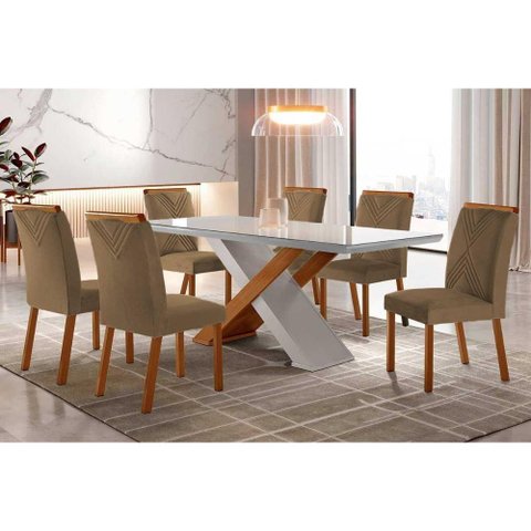 Sala de Jantar Completa Imperatriz Tampo Madeirado C/ Vidro Reto 180x90 e 6 Cadeiras Amsterdã