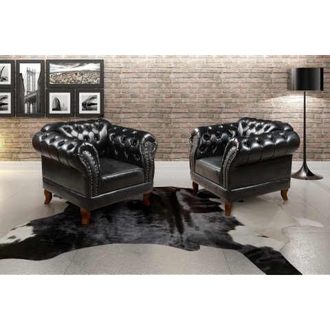 Conjunto 2 Poltronas Chesterfield Dom Pedro Decoração Sala Recepção Retrô Preto