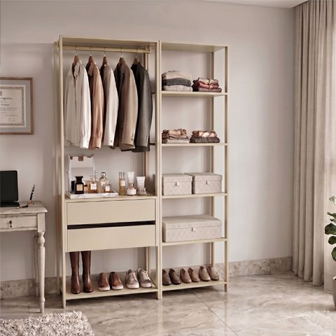 Guarda-Roupa Closet Modulado Siena 132cm 2 Gavetas Cabideiro e 7 Prateleiras Yescasa Móveis Off White Bege