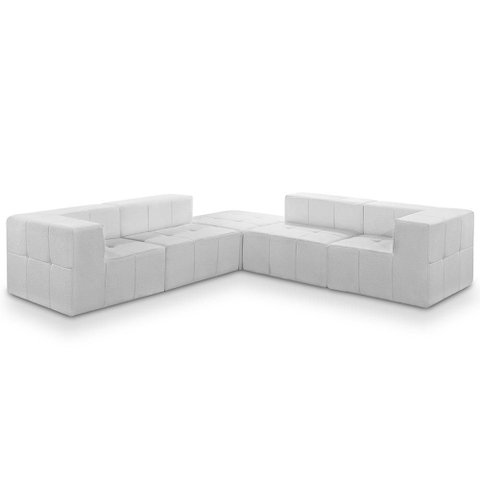 Sofá 5 Lugares Canto para Sala Living Modular com Puff Lancaster F04 Bouclê Branco - Lyam Decor