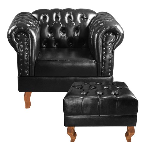 Poltrona com Puff Decorativo Chesterfield Capitonê Dom Pedro Preto