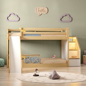  Beliche Infantil Montessoriana Garden com Escada Lateral,grade Proteção I e Escorregadore Grade X Dupla com LED Casatema