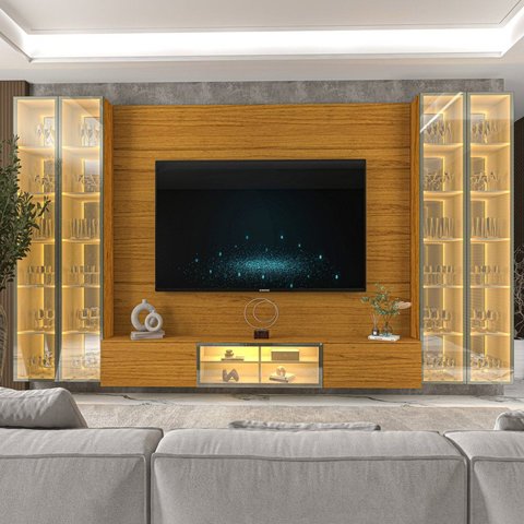 Home para TV até 90 Polegadas com LED e Espelho e Vidro Reflecta 369,8cm x 217,6cm 100% MDF Luminare
