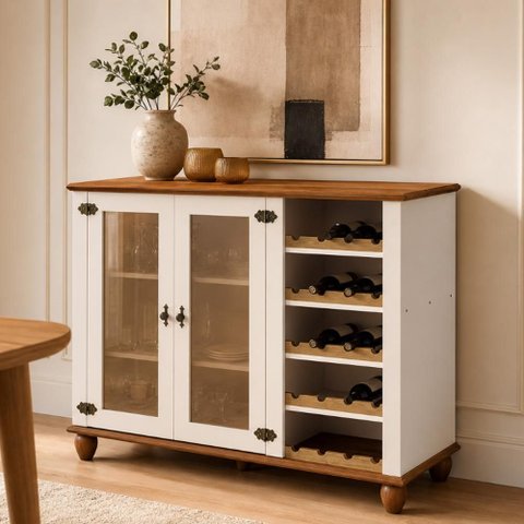 Aparador Buffet para Sala de Jantar com Adega 2 Portas Vidro 135cm Alegra S05 Off White Nogueira -