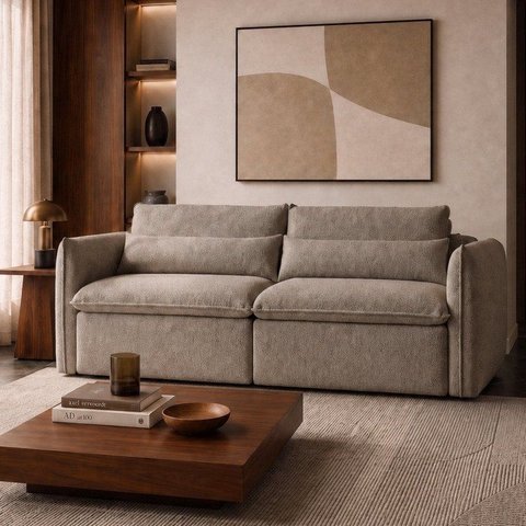 Sofá Cama Retrátil e Reclinável Bouclé Bege Aurora 200cm