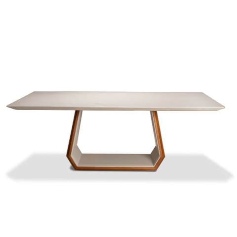 Mesa de Jantar Mobília Prime 8 Lugres Base Amadeirada Tampo com Vidro Off White