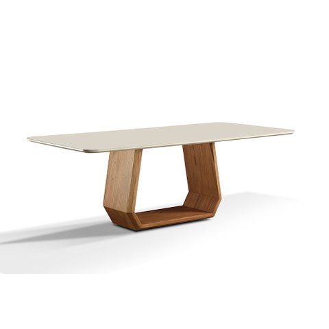 Mesa de Jantar Mobília Prime 8 Lugres Base Amadeirada Tampo com Vidro Off White