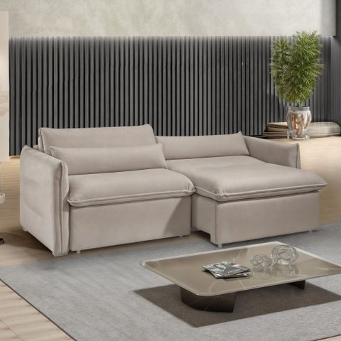 Sofá Cama Retrátil e Reclinável Veludo Bege Claro Aurora 200cm