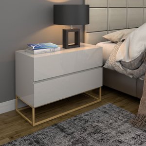 Mesa Cabeceira Eros 2 Gavetas Off White Pés Dourado Estilo Industrial