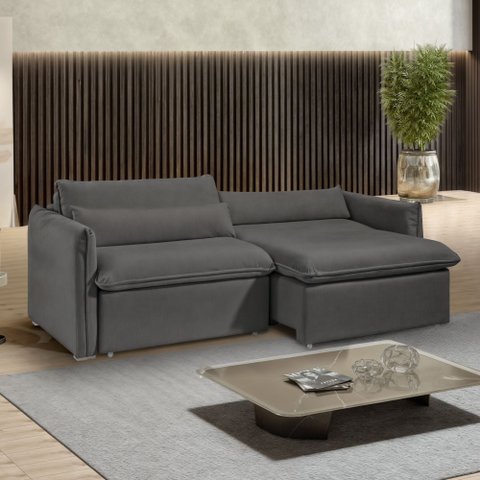 Sofá Cama Retrátil e Reclinável Veludo Cinza Aurora 200cm